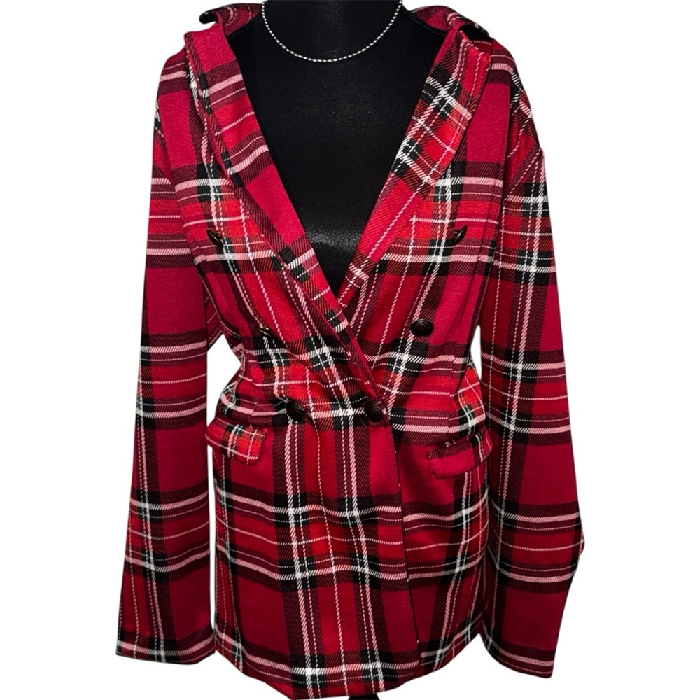 Maurice’s Holiday Red Tartan Plaid Double Breasted Blazer Coat